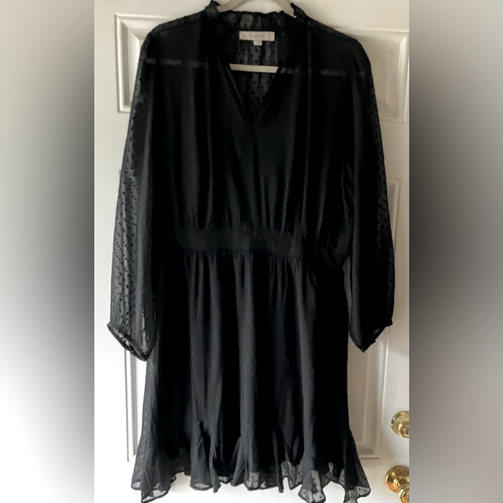LOFT Tall Clip Godet Flare Dress Black Size 14T - Swiss Dot Texture EUC - Picture 3 of 11